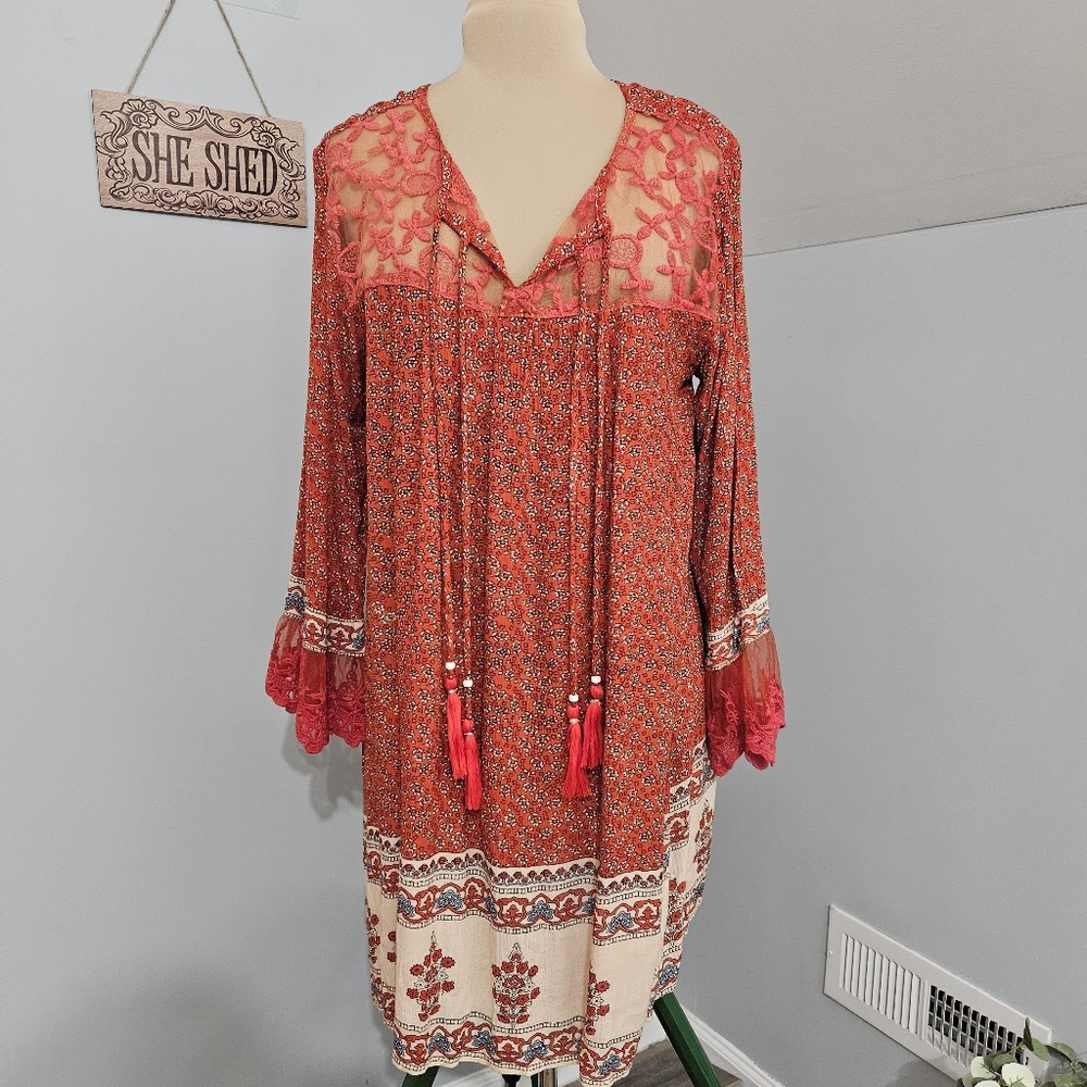 Henna Dress Boho Peasant Midi Orange Red Lace‎ Trim Flowy  Festival Style XL